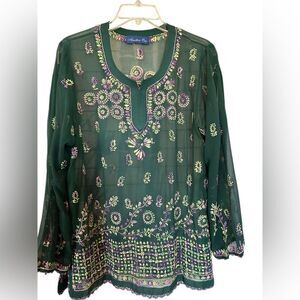 Another One dark green semi-sheer tunic floral embroidery